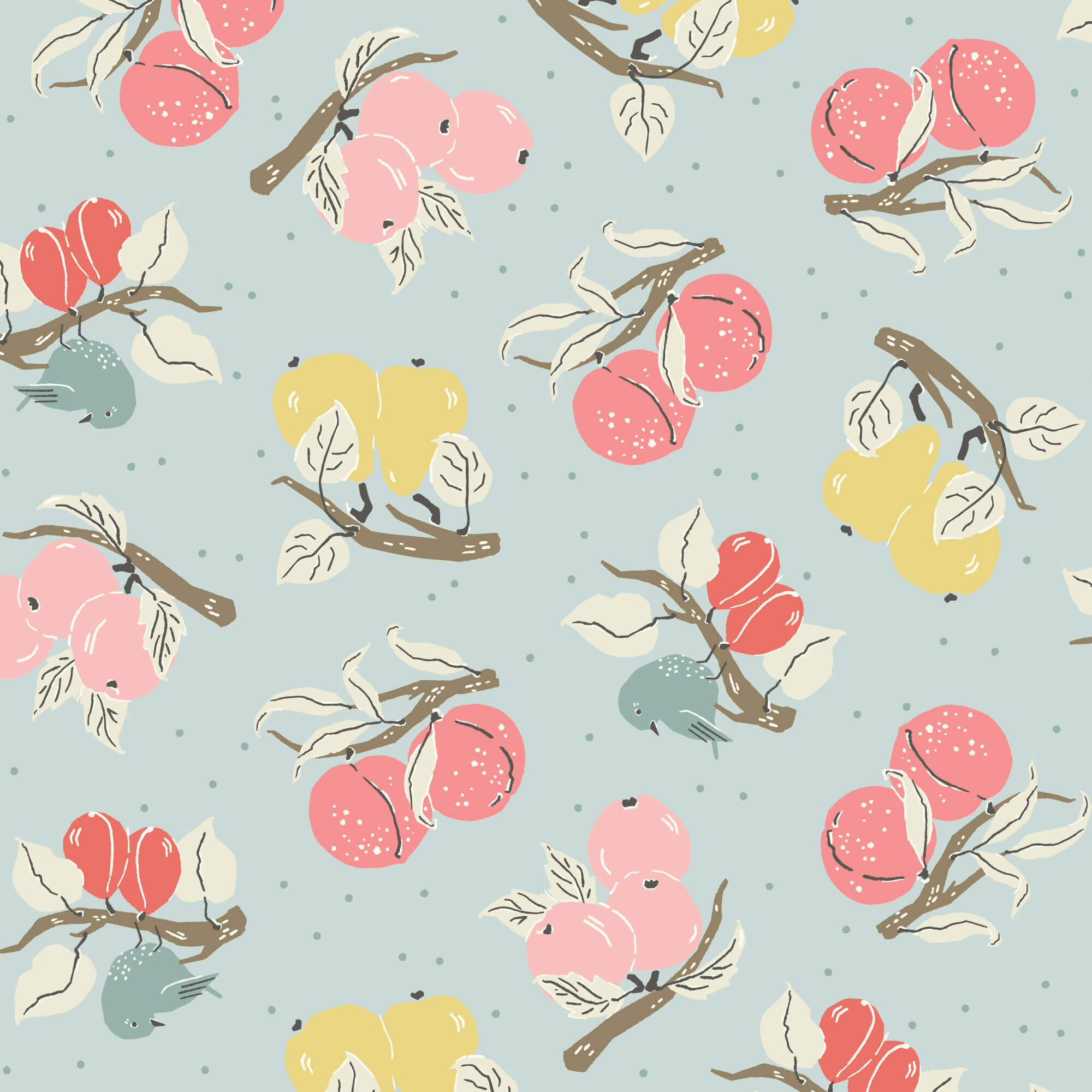Cottage Garden Orchard quilting fabric in light turquoise by Kimberly Morgan for Cloud9 Fabrics, fruit print on turquoise cotton, sold by the yard