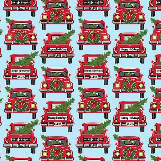Country Christmas - Jolly Red Trucks - Sky Blue 44" / 45" Fabric Per Yard The Fabric Company
