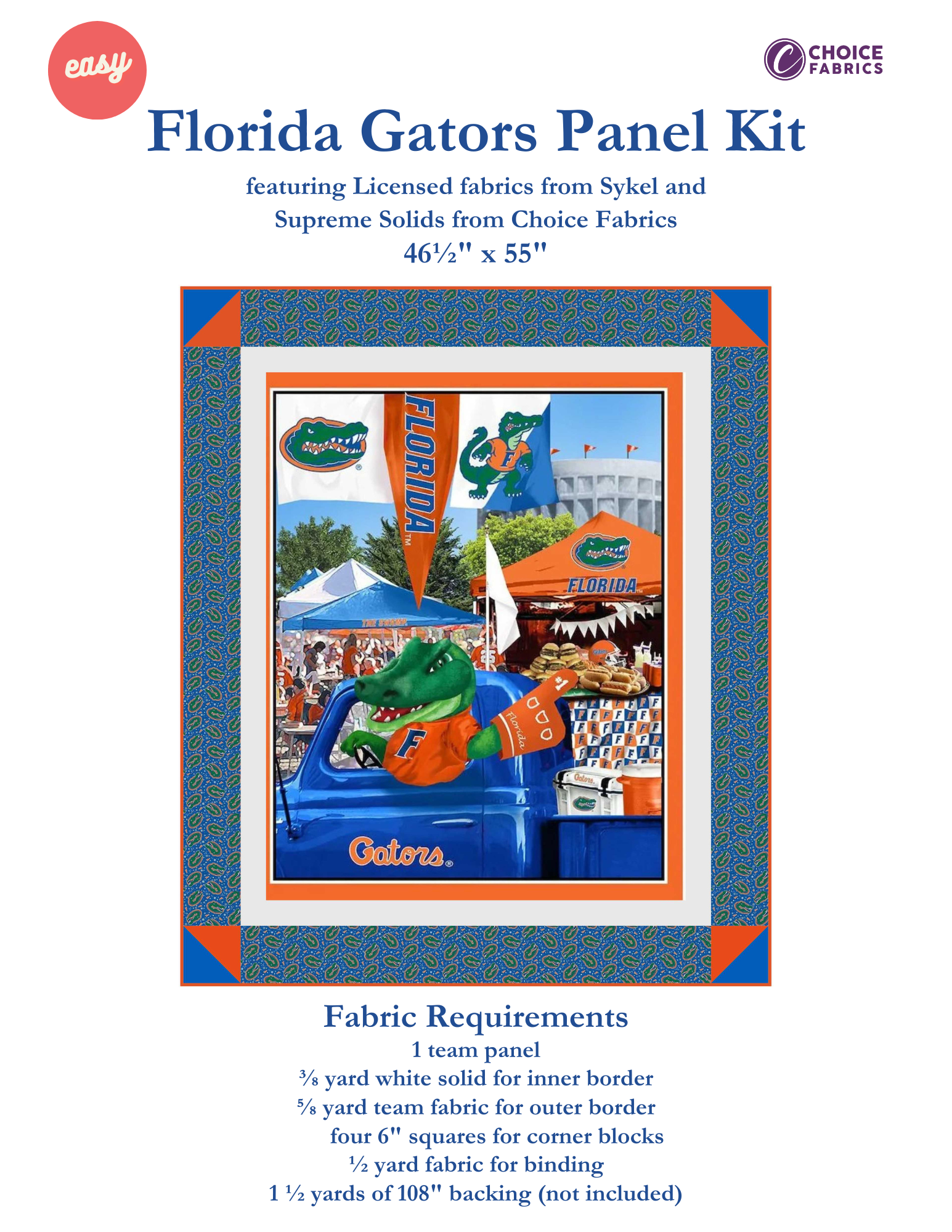 Florida Gators - Tailgate Panel - Quilt Kit | Batting Included