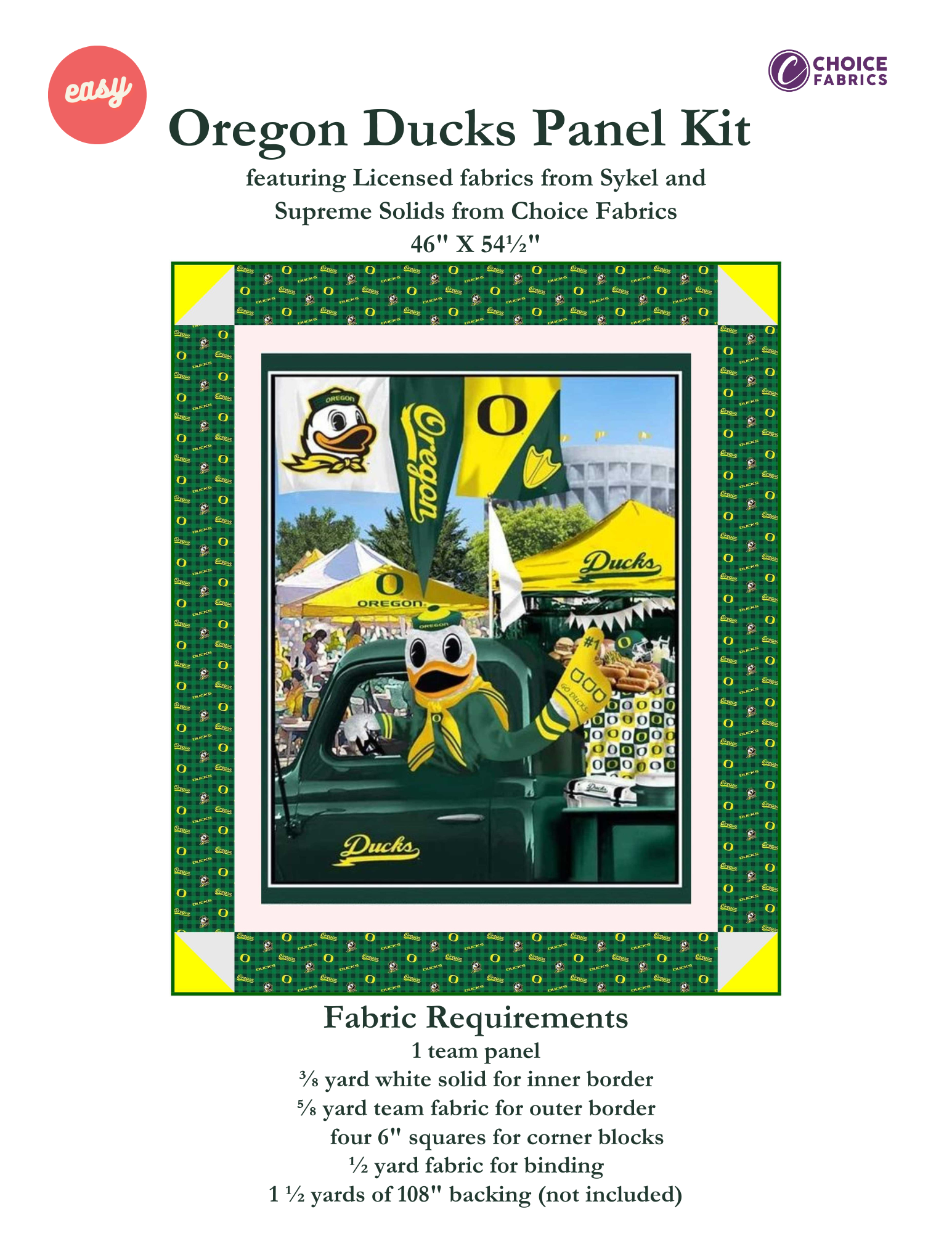 Oregon Ducks - Tailgate Panel - Quilt Kit | Batting Included
