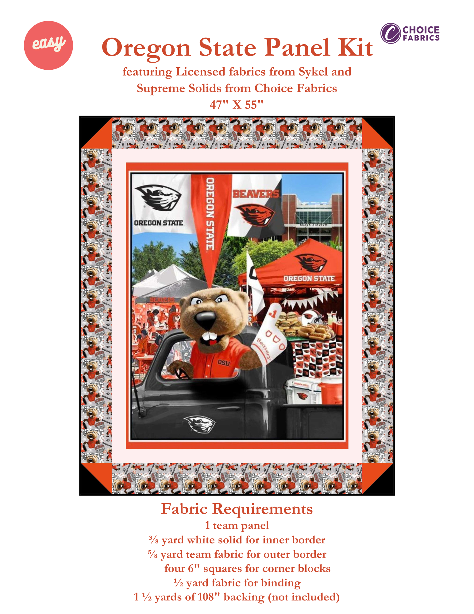Oregon State Beavers - Tailgate Panel - Quilt Kit | Batting Included