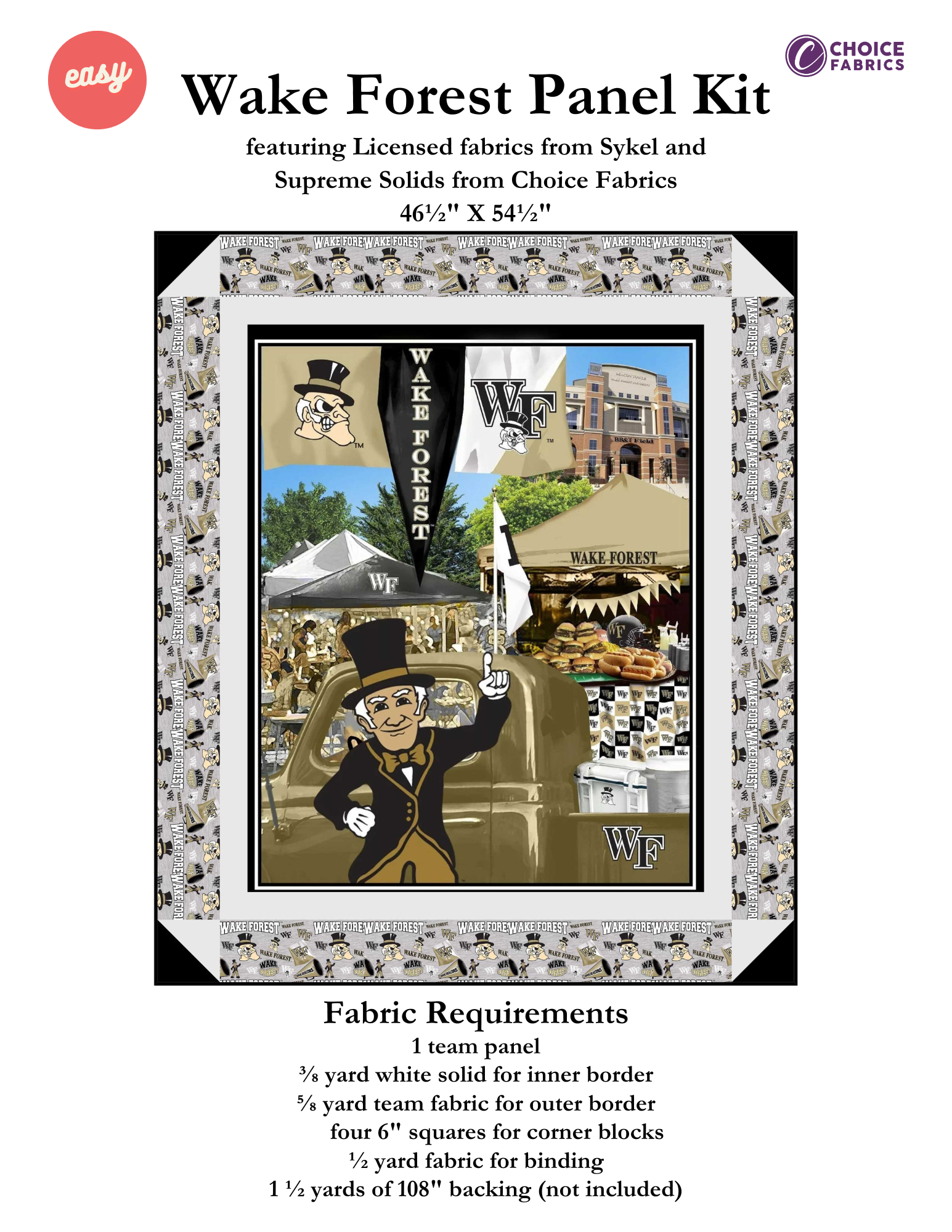 Wake Forest Demon Deacons - Tailgate Panel - Quilt Kit | Batting Included