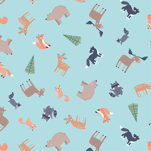 Cozy Forest Comfort Flannel Forest Animals cotton flannel fabric in sky blue by Benartex, woodland animal print flannel, sold by the yard