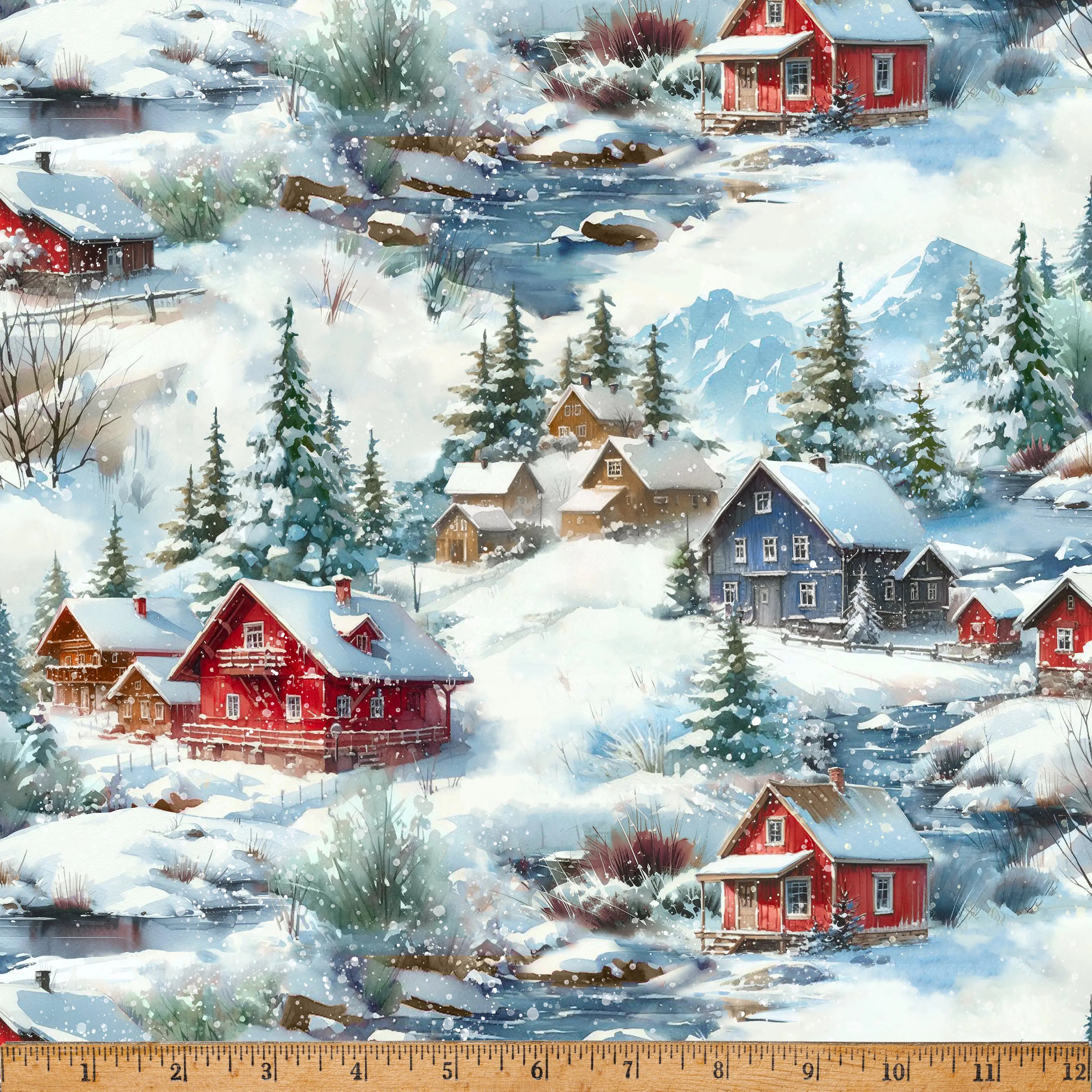 Cozy Tidings Winter Snow Village 43"/44" Fabric Per Yard Hoffman California Fabrics