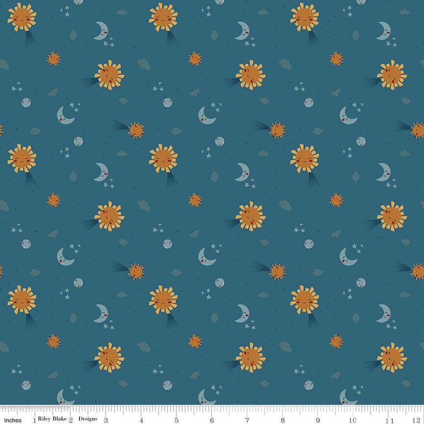 Created with Love Light and Dark quilting fabric in ocean by Jennifer Long for Riley Blake Designs, celestial print on blue cotton, sold by the yard