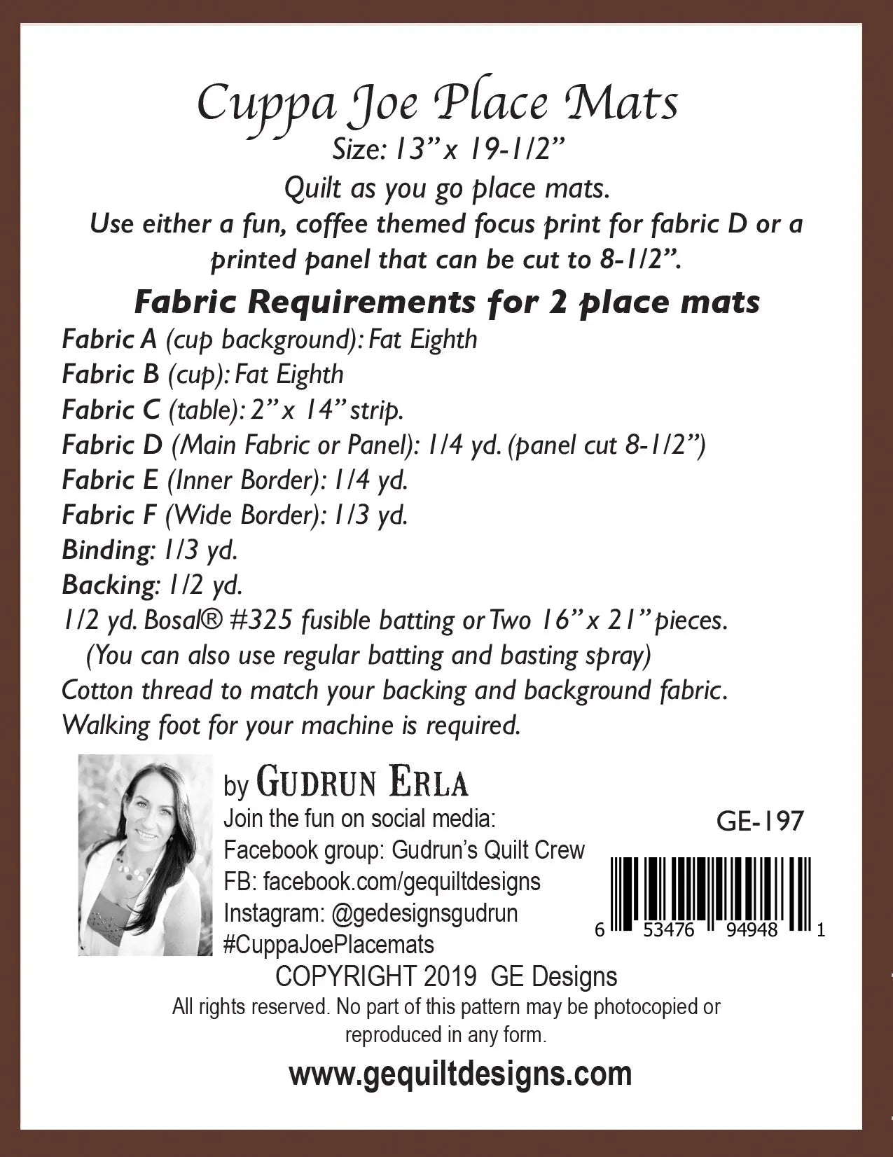 Cuppa Joe Placemat Pattern 197 GE Designs