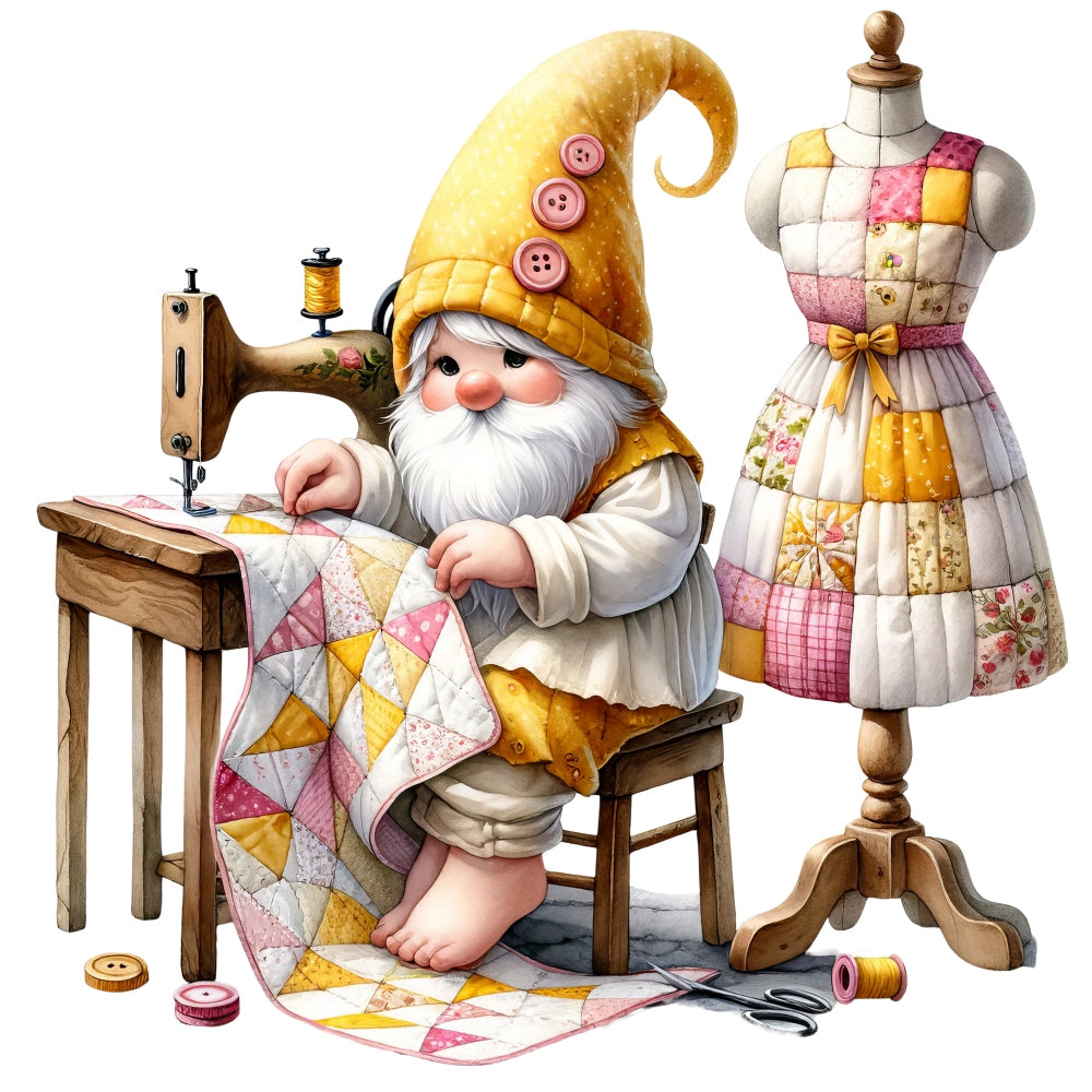 Cute Sewing Gnomes Fabric Panel 14 QuiltingFabricPanels