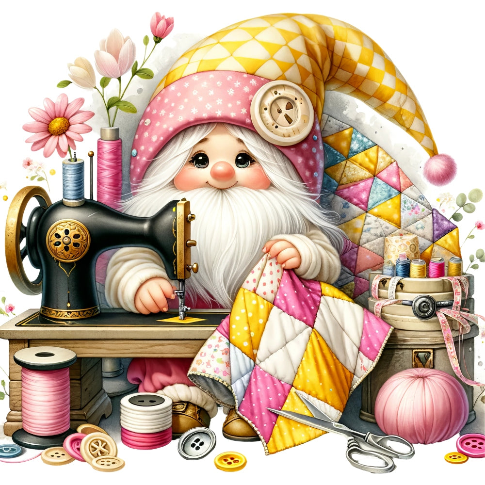 Cute Sewing Gnomes Fabric Panel 5 QuiltingFabricPanels