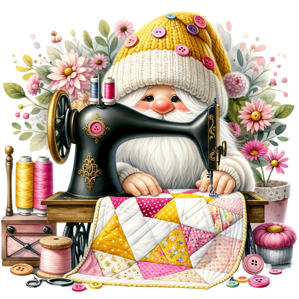 Cute Sewing Gnomes Fabric Panel 7 QuiltingFabricPanels