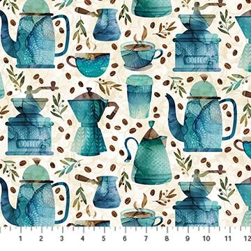 Northcott Barista coffee pots quilting cotton fabric in Cream Multi