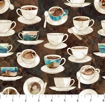 Northcott Barista cups and saucers coffee quilting cotton fabric in Brown Multi