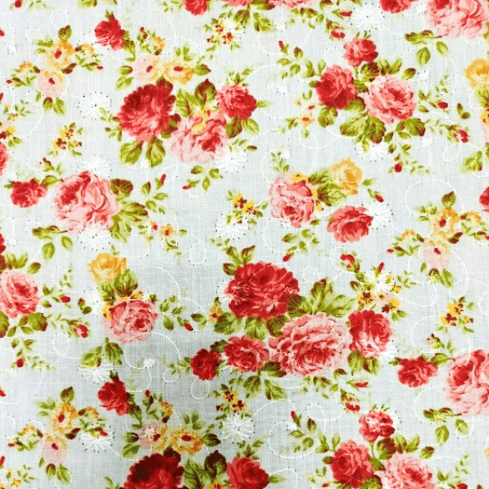 Embroidered Eyelet - Cabbage Rose - Red/Pink 44" / 45" Fabric Per Yard