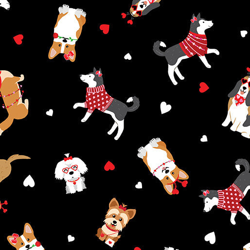 Love You Fur-Ever - Puppy Love - Black 44" / 45" Fabric Per Yard