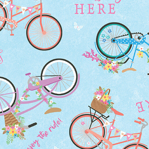 Enjoy the Ride - Springtime Bicycles - Light Blue 44" / 45" Fabric Per Yard