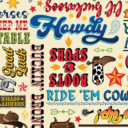 Lil' Buckaroos - Wild West Words - Cream 44" / 45" Fabric Per Yard