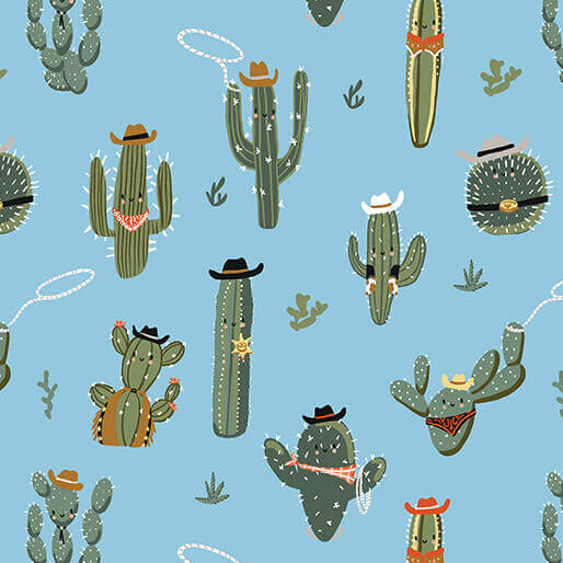 Lil' Buckaroos - Wild West Cactus - Blue 44" / 45" Fabric Per Yard