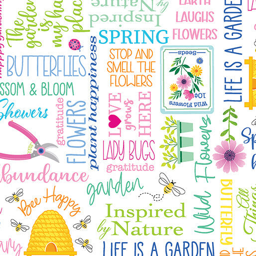 Love Grows Here - Blossom & Bloom Words - White 44" / 45" Fabric Per Yard