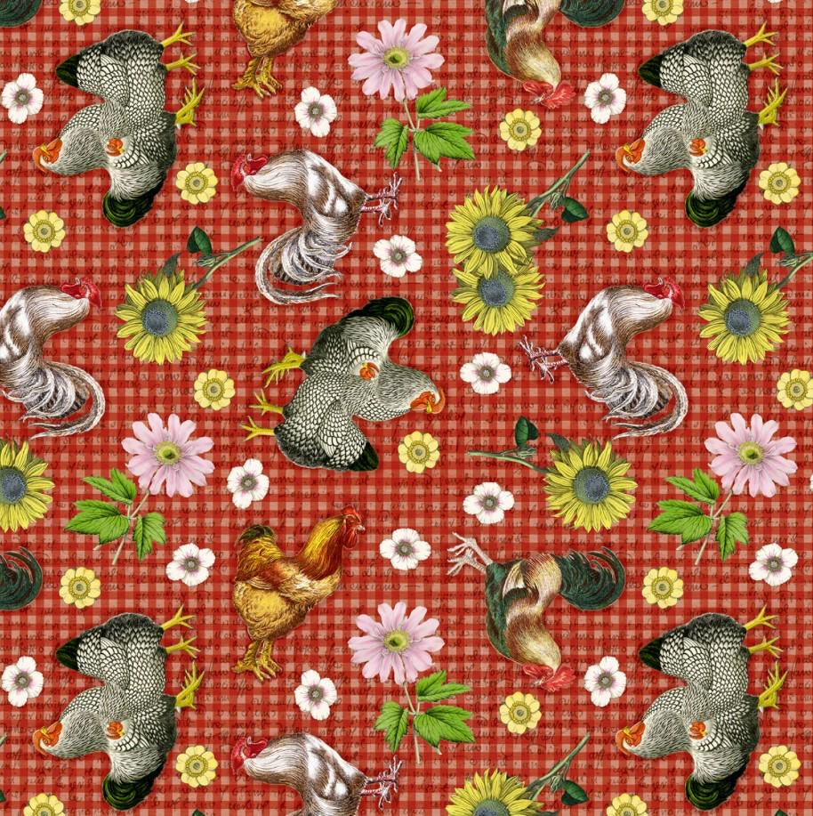 Potpourri of Novelty Farmhouse Rooster Gingham Red Cotton 44"/45" Fabric Per Yard