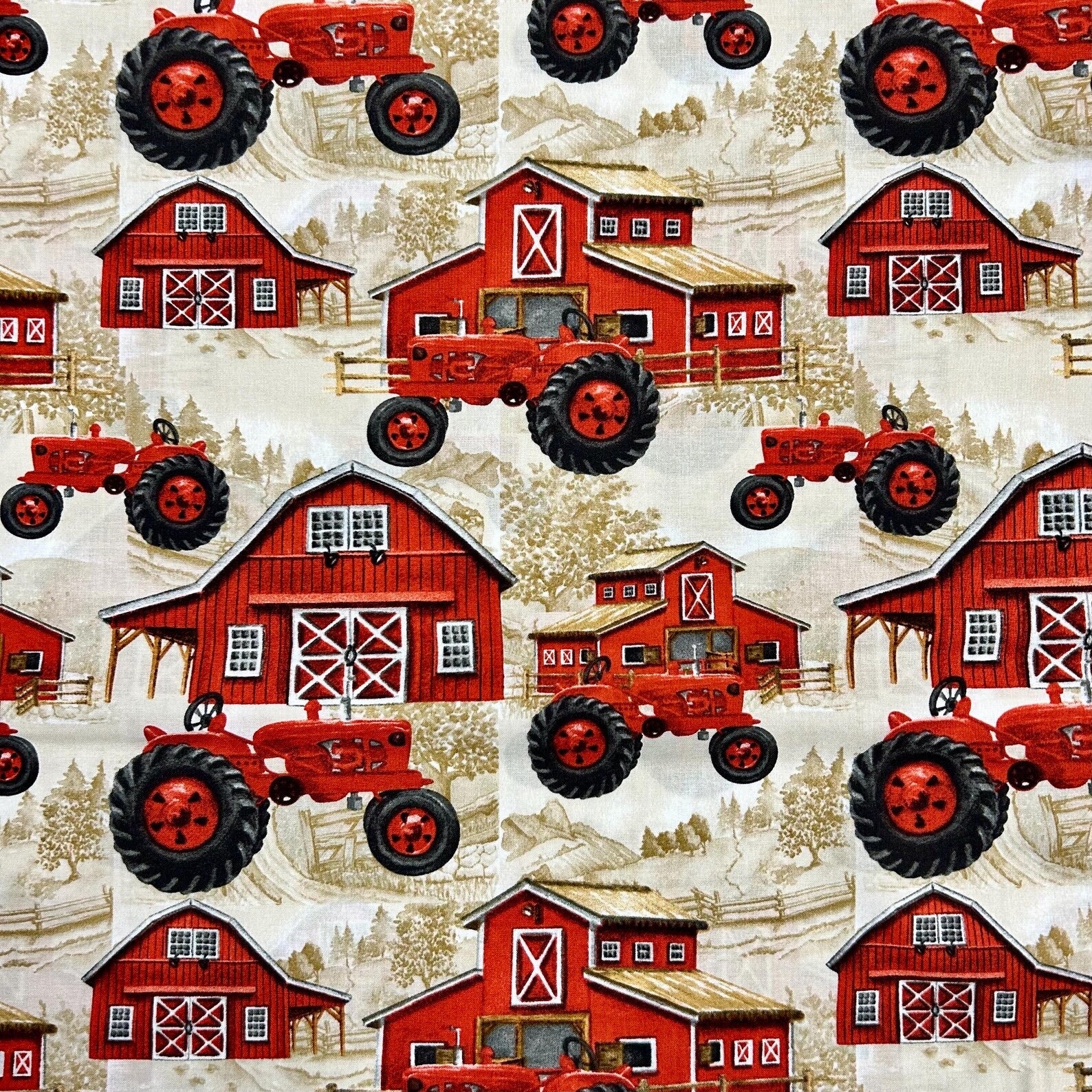 Potpourri of Novelty Farm Red Tractors & Barn Multi Cotton 44"/45" Fabric Per Yard