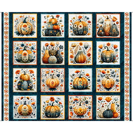 Dark Teal Decorative Pumpkin Picture Pat Harvest Hollow 44"/45" Cotton Fabric per yard