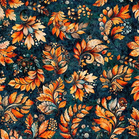 Dark Teal Fall Leaves Harvest Hollow 44"/45" Cotton Fabric per yard