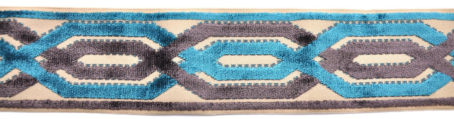Decorative Chenille Trim Tape - 3 1/2" Width (25 Yard Roll) - BR-7524-23/49 Turquoise/Dark Grey