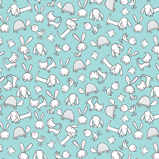 Benartex Doodle Baby Flannel so loved animal toss turquoise cotton flannel by the yard