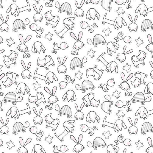 Benartex Doodle Baby Flannel so loved animal toss white cotton flannel by the yard