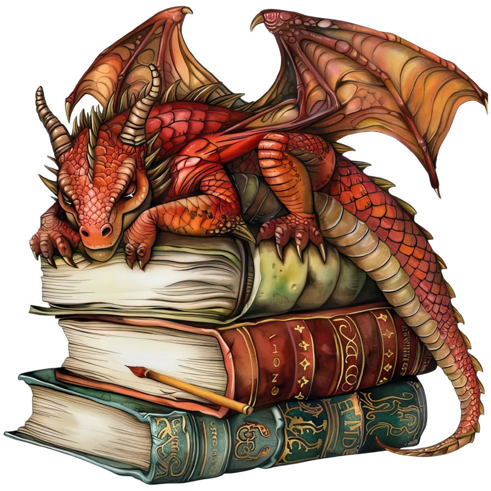 Dragon Sleeping on Books Fabric Panel 2