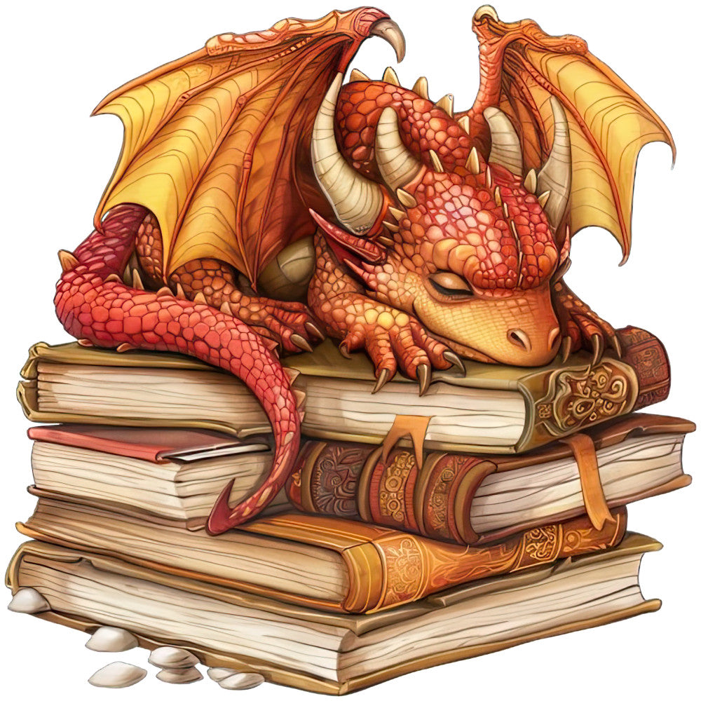 Dragon Sleeping on Books Fabric Panel 3