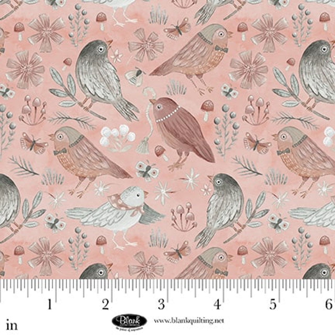 Dusty Rose Birds Petals & Pewter Cotton 44"/45" Fabric Per Yard