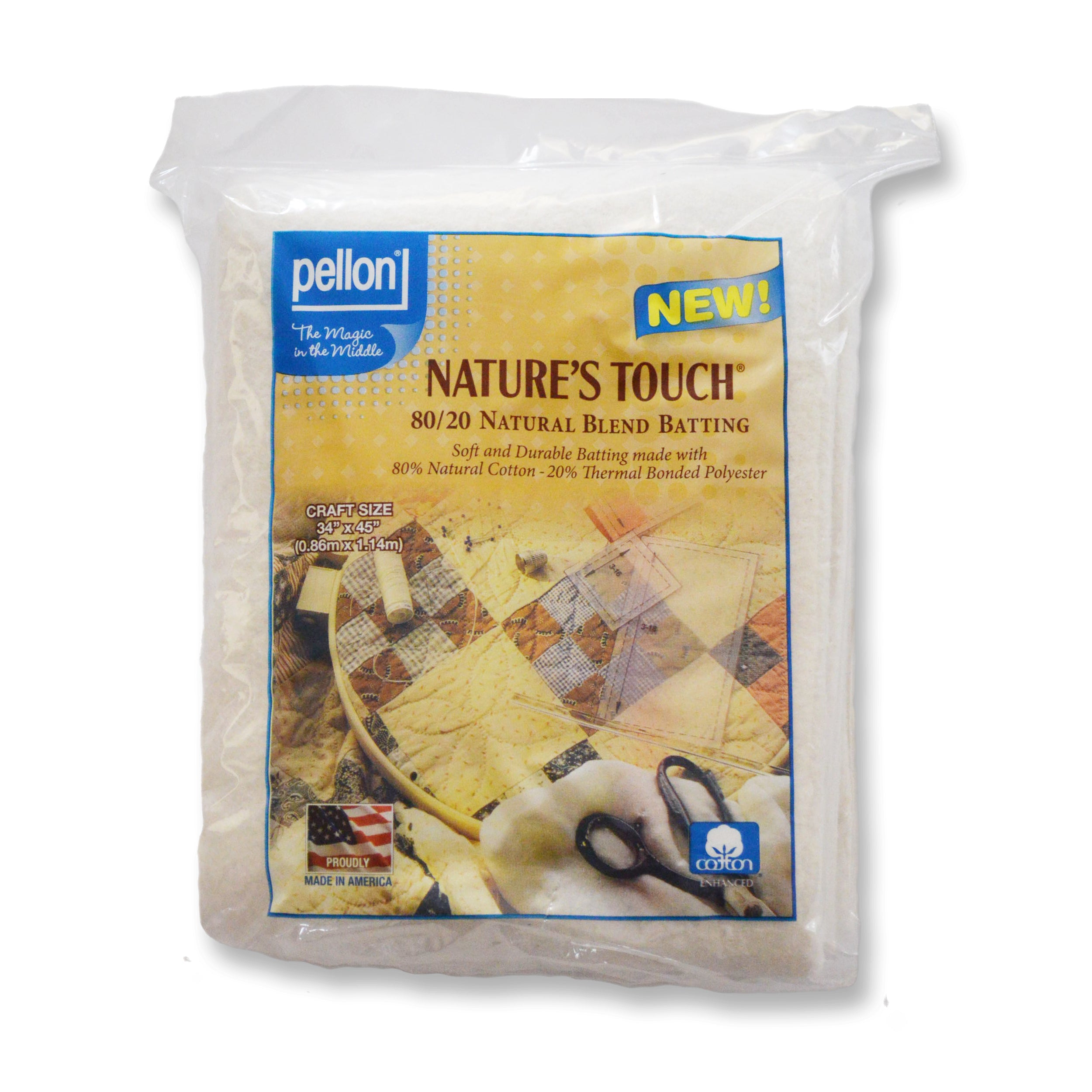 Pellon® 80/20 Cotton/Polyester Batting With Scrim 34" x 45" Craft Size Package. Color: Natural.
