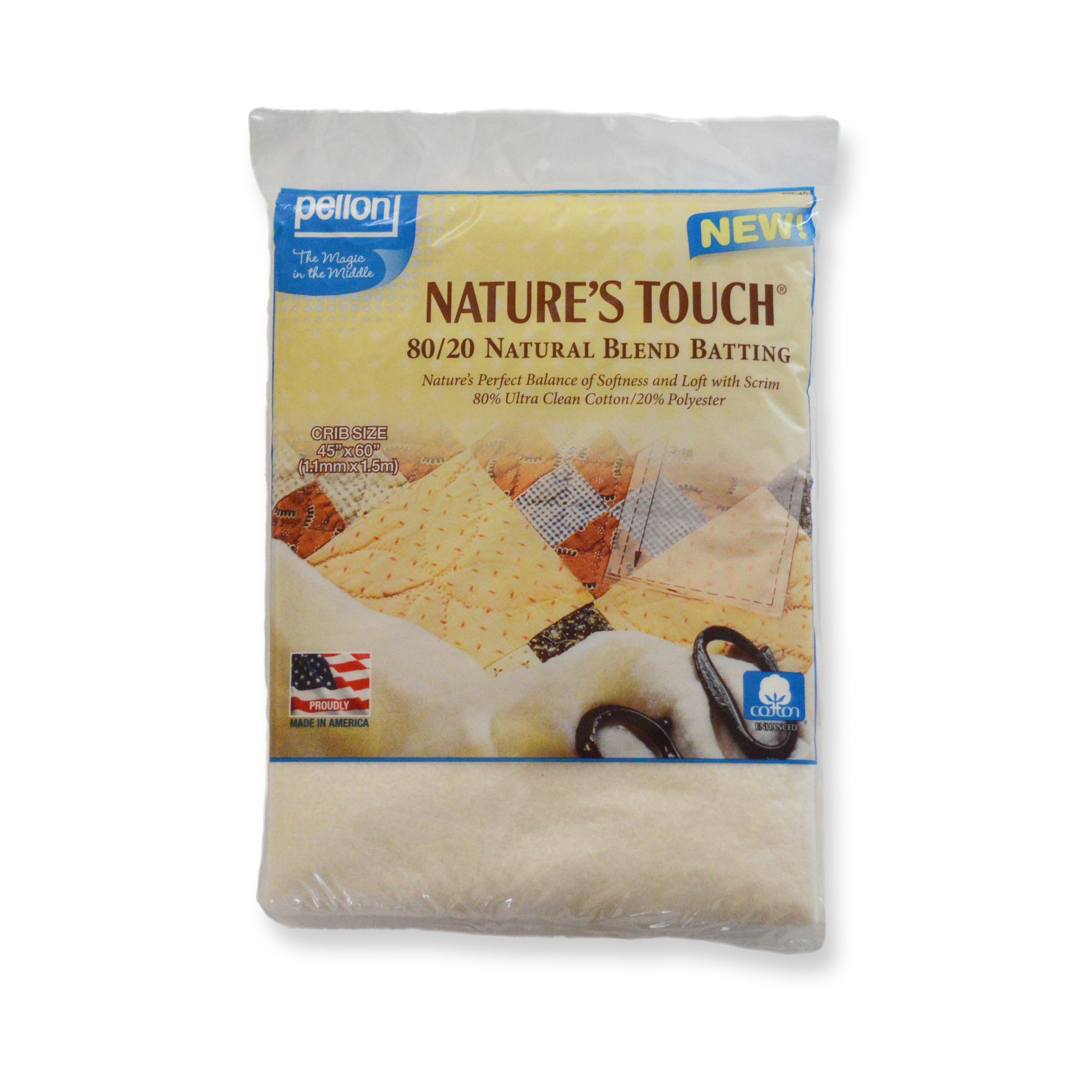 Pellon® 80/20 Cotton/Polyester Batting With Scrim 45" x 60" Crib Size Package. Color: Natural.
