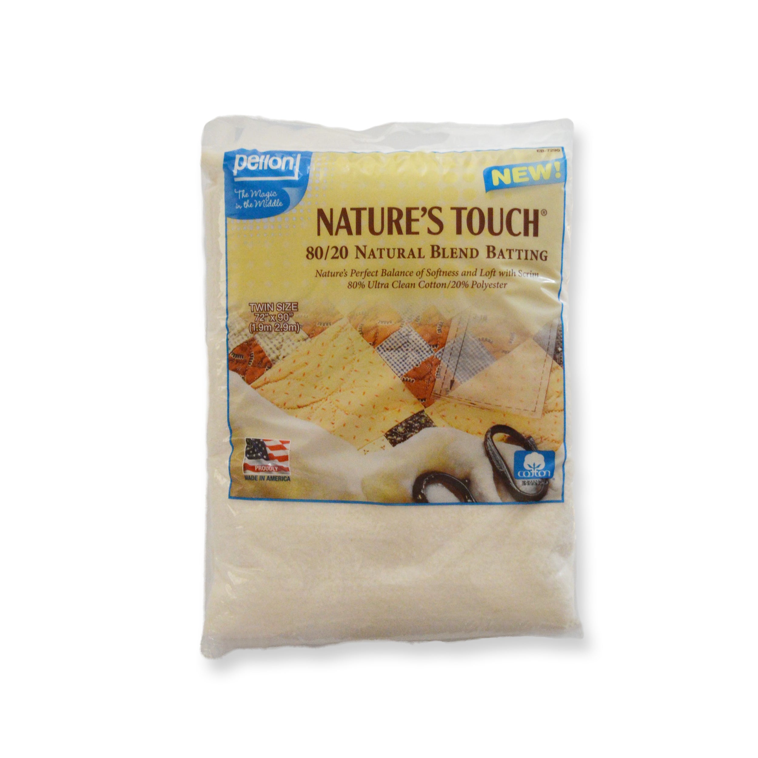 Pellon® 80/20 Cotton/Polyester Batting With Scrim 72" x 90" Twin Size Package. Color: Natural.