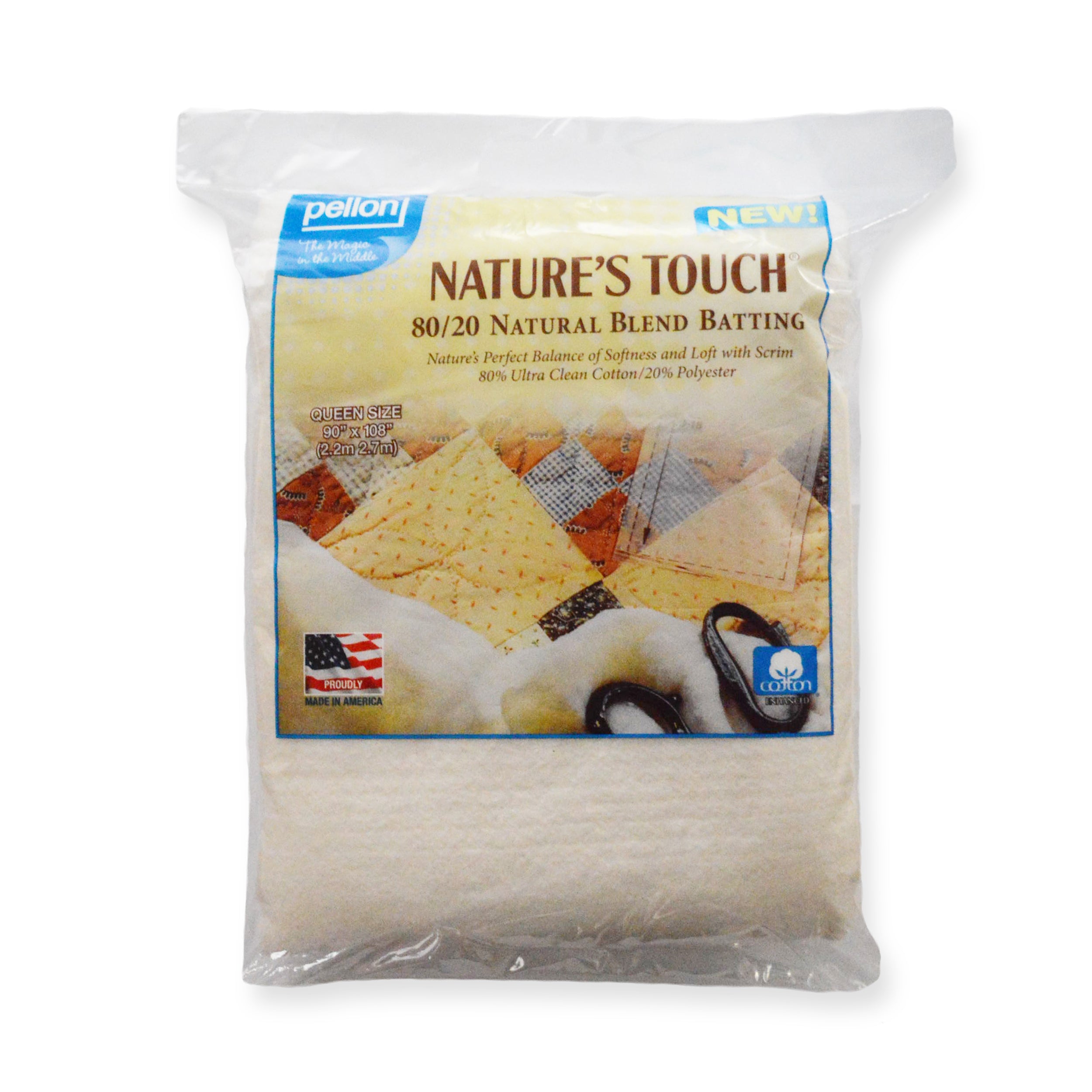Pellon® 80/20 Cotton/Polyester Batting With Scrim 90" x 108" Queen Size Package. Color: Natural.