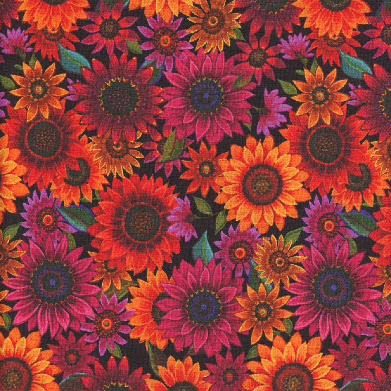The Love of Sunflowers Black Cotton 43"/44" Fabric Per Yard