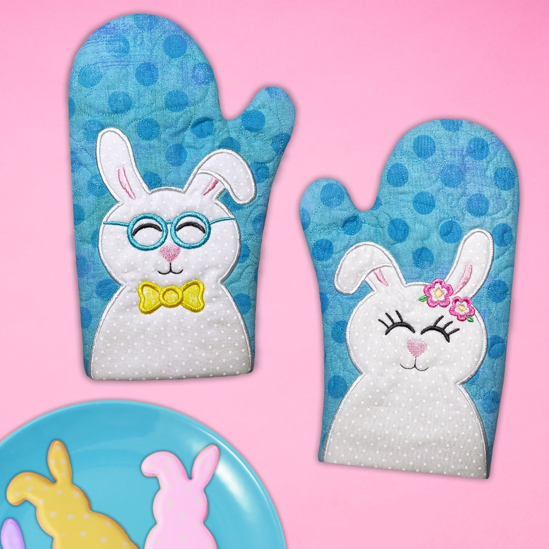 Easter Bunny Oven Mitts In the Hoop Machine Embroidery Design Set Pickle Pie Designs