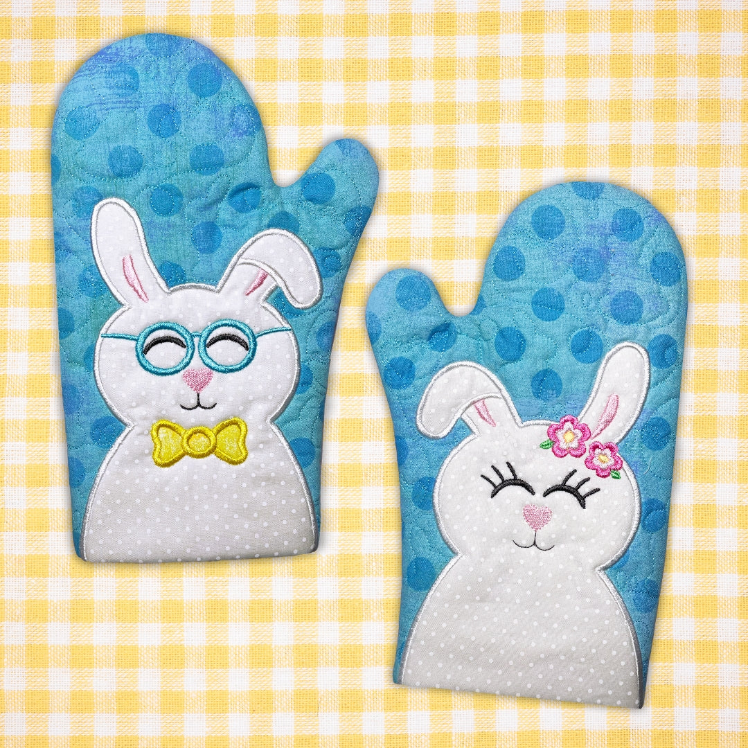 Easter Bunny Oven Mitts In the Hoop Machine Embroidery Design Set Pickle Pie Designs