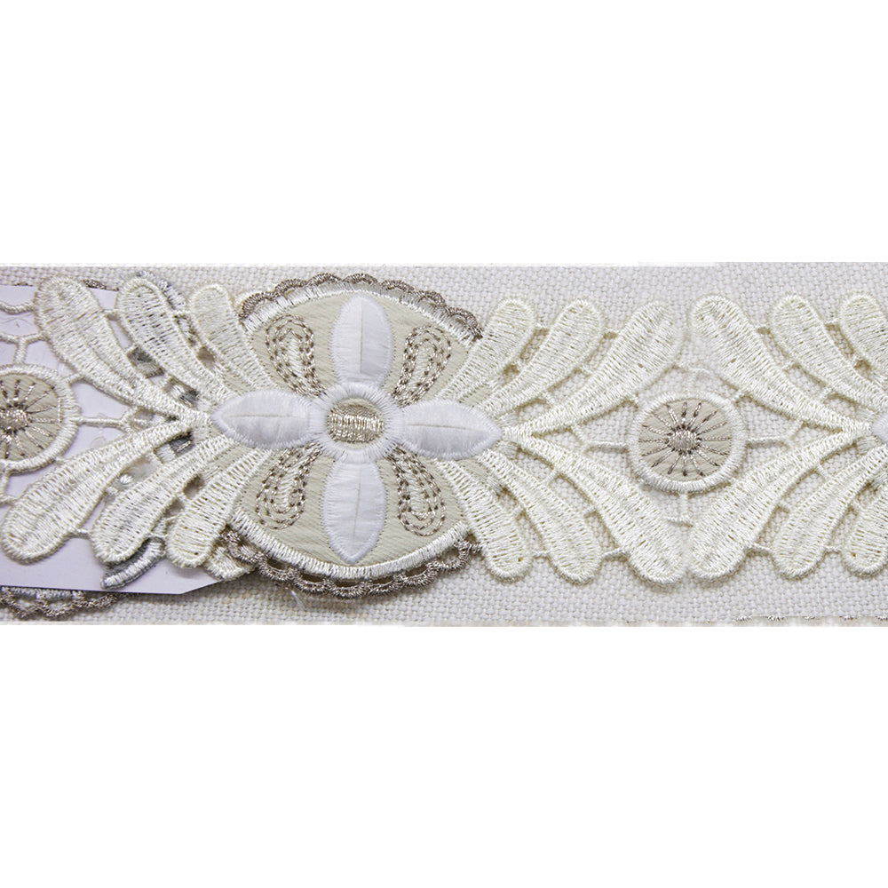 Embroidered Decorative Woven Trim Tape - 2 1/2" Width (25 Yard Roll) - BR-7562-24 Ivory