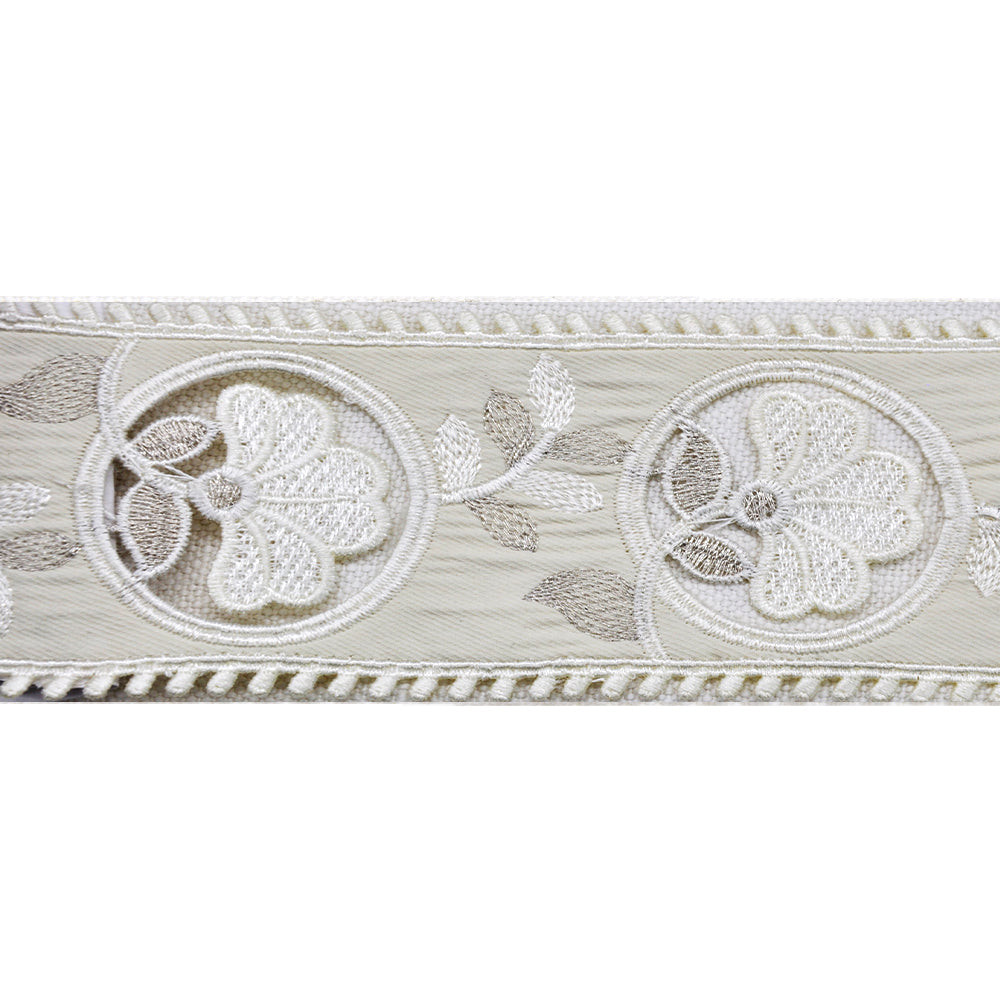 Embroidered Decorative Woven Trim Tape - 2 1/2" Width (25 Yard Roll) - BR-7563-24 Ivory