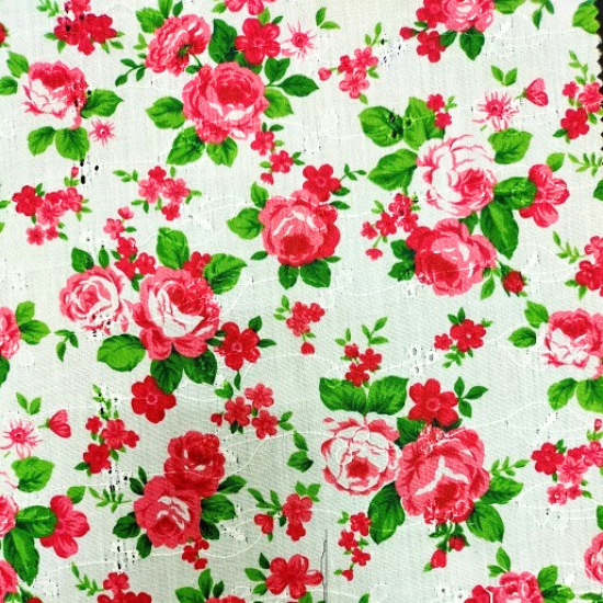Embroidered Eyelet American Rose quilting fabric in red by Benartex, eyelet embroidery print on red cotton, sold by the yard