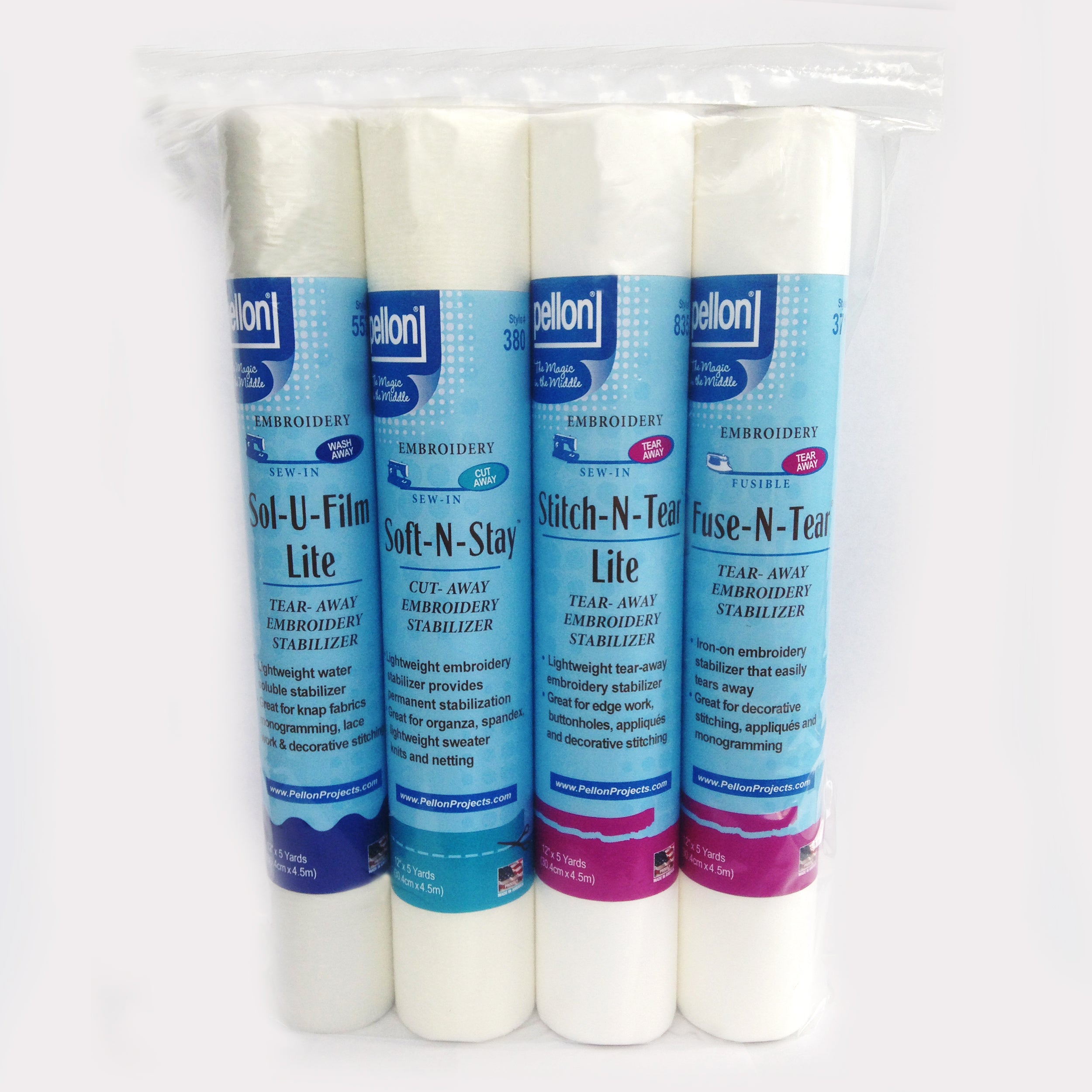 Pellon® Embroidery Sampler Pack of 4 rolls - 12" x 5 yards Package: Stitch-N-Tear Lite®, Soft-N-Stay®, Sol-U-Film Lite®, Fuse-N-Tear®.