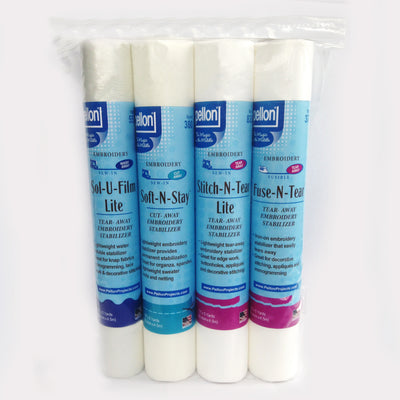 Pellon® Embroidery Sampler Pack of 4 rolls - 12" x 5 yards Package: Stitch-N-Tear Lite®, Soft-N-Stay®, Sol-U-Film Lite®, Fuse-N-Tear®.