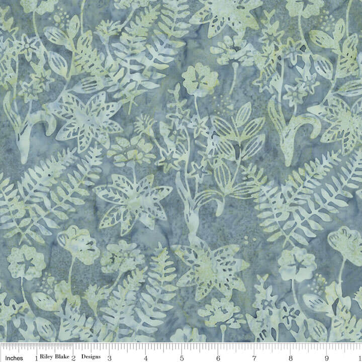 Expressions Batiks Floral Grid Adriatic Mist batik quilting fabric by Riley Blake Designs, floral lattice on blue-grey cotton batik, sold by the yard
