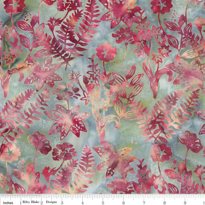 Expressions Batiks Floral Grid Raspberry Jade hand-stamped batik quilting fabric by Riley Blake Designs, sold by the yard