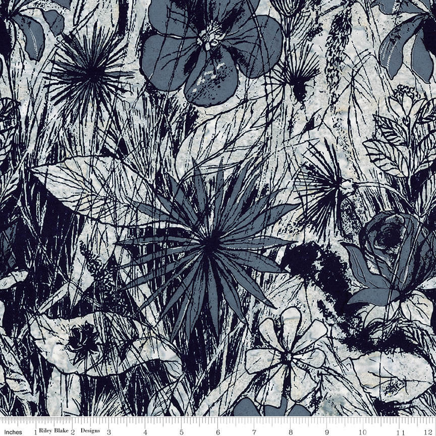 Expressions Batiks - Floral Reflections - Steel Sapphire 44" / 45" Fabric Per Yard The Fabric Company
