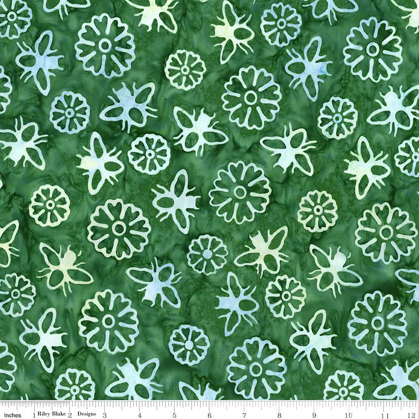 Expressions Batiks - Watercolor Daisies - Dark Vintage Green 44" / 45" Fabric Per Yard The Fabric Company