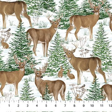 Northcott Woodland Woolies deer cotton flannel fabric in White Multi