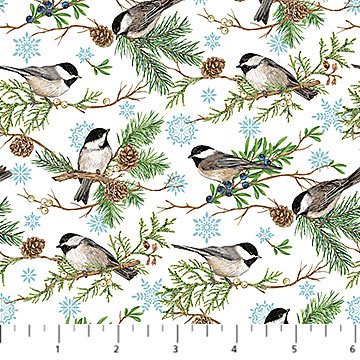 Northcott Woodland Woolies chickadees cotton flannel fabric in White Multi