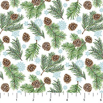 Northcott Woodland Woolies pinecones cotton flannel fabric in White Multi